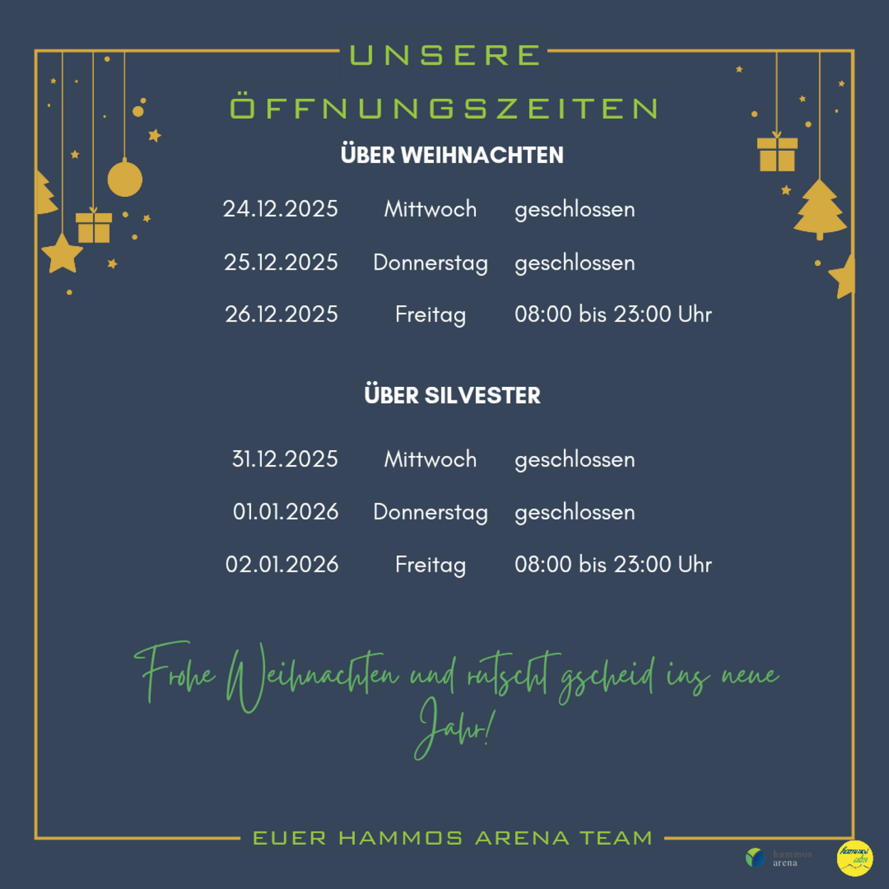 Öffnungszeiten über die Feiertage